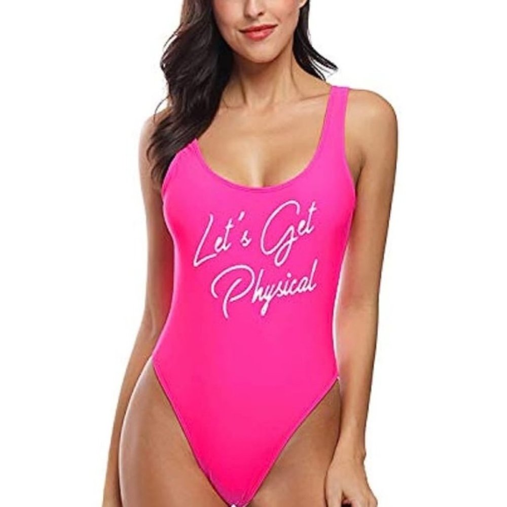 Womens 80/90s Inspired Lets Get Physical One Piece Pink Bathing Suit Large